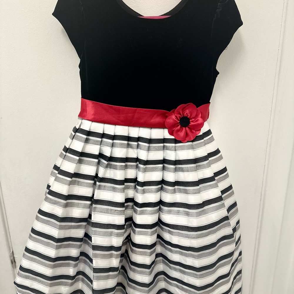 Jona Michelle Black and White Striped Dress with Red Flower